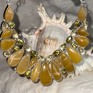 Dreamy Yellow Agate + Biwa Pearl + Green Amethyst multi-gem cluster necklace